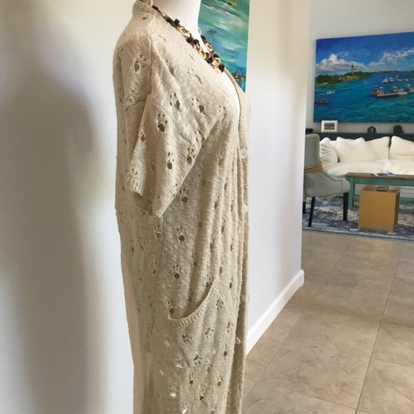 Boho Casual cardigan Short Sleeve Ivory with Chiffon Duster Back Panel - Picture 7 of 8